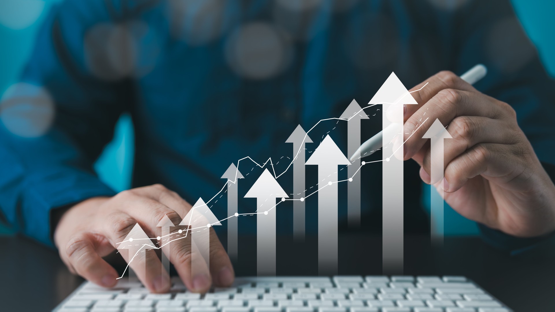 Increase business profits and company growth. Increase sale performance and return on investment. Businessman touching chart with arrows pointing up icons. Successful strategy plan concept.